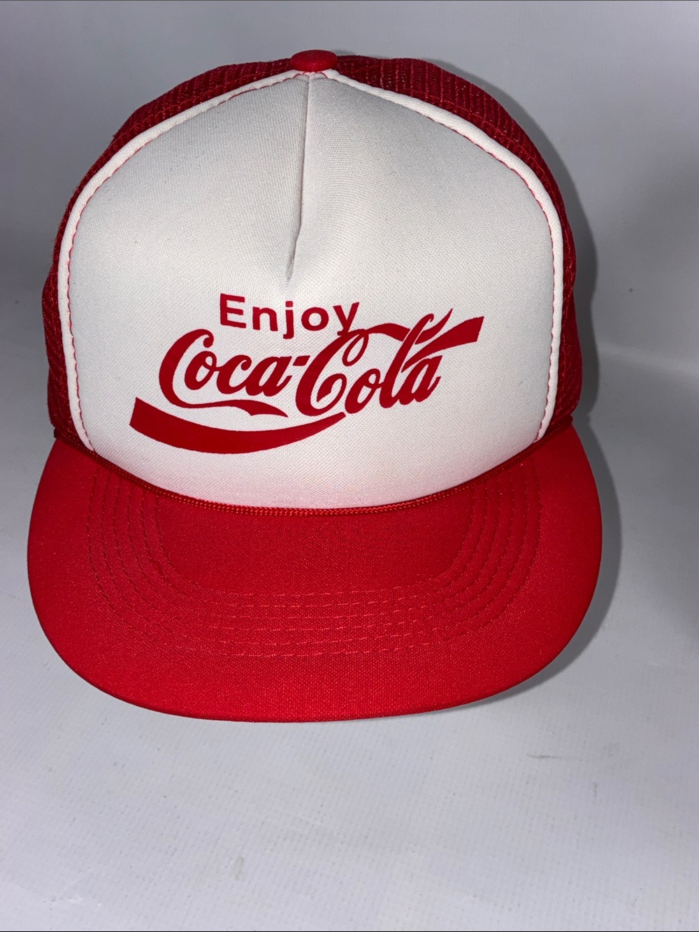 Vtg 80s Enjoy Coca Cola Trucker Hat Red White Capital Caps Snapback Mesh Clean